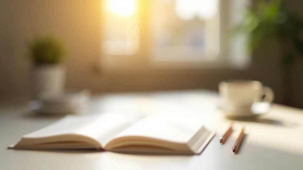 Aufgeräumter Schreibtisch mit Notizbuch, Stift und Tasse Tee in ruhiger Büroumgebung