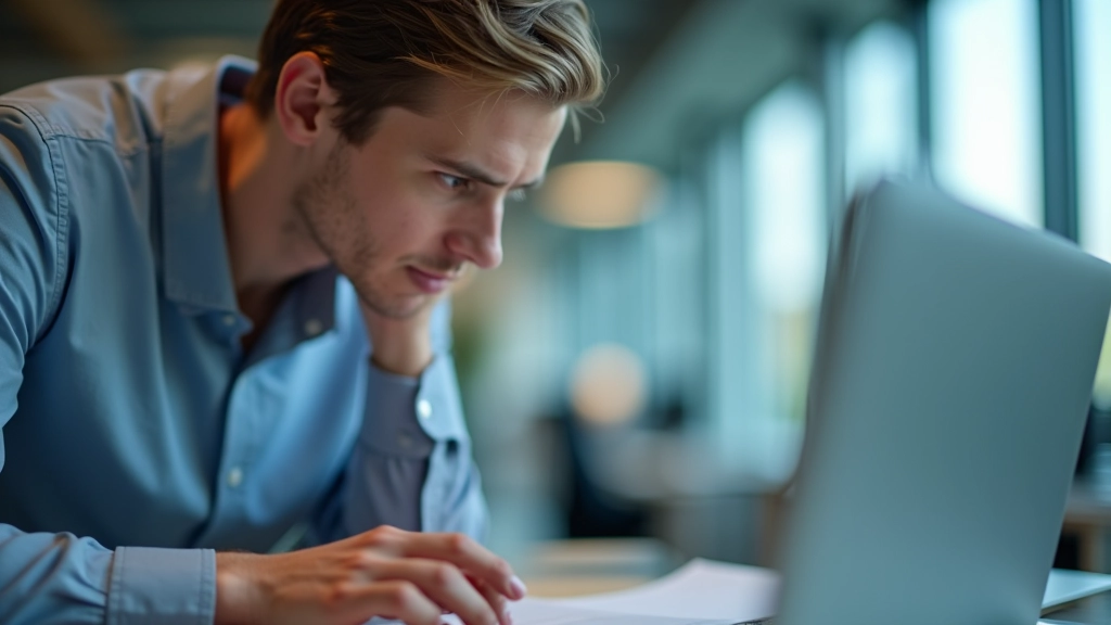 Nahaufnahme eines fokussierten Menschen, der konzentriert auf einen Computerbildschirm schaut
