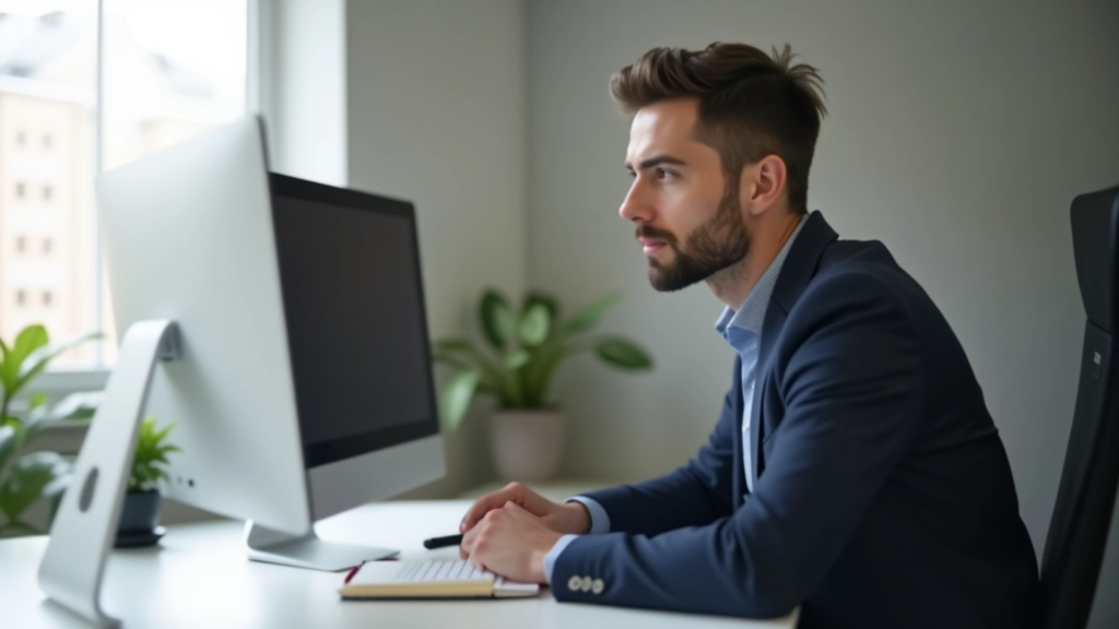 Person sitzt konzentriert an Schreibtisch mit nur einem Monitor und Notizbuch, ohne Ablenkungen