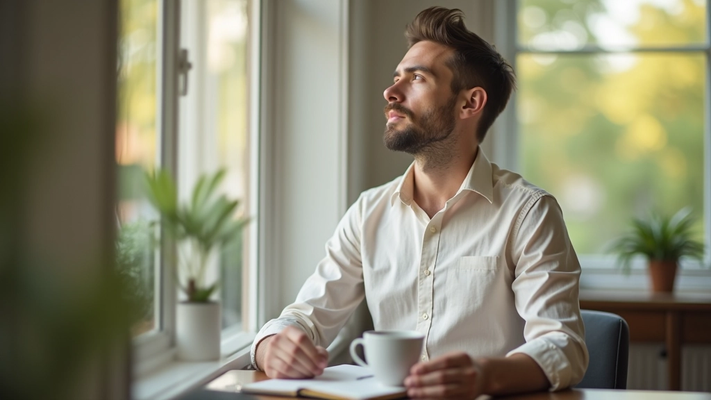 Person mit Tagebuch und Kaffee am sonnigen Fenster, entspannte Morgenszene