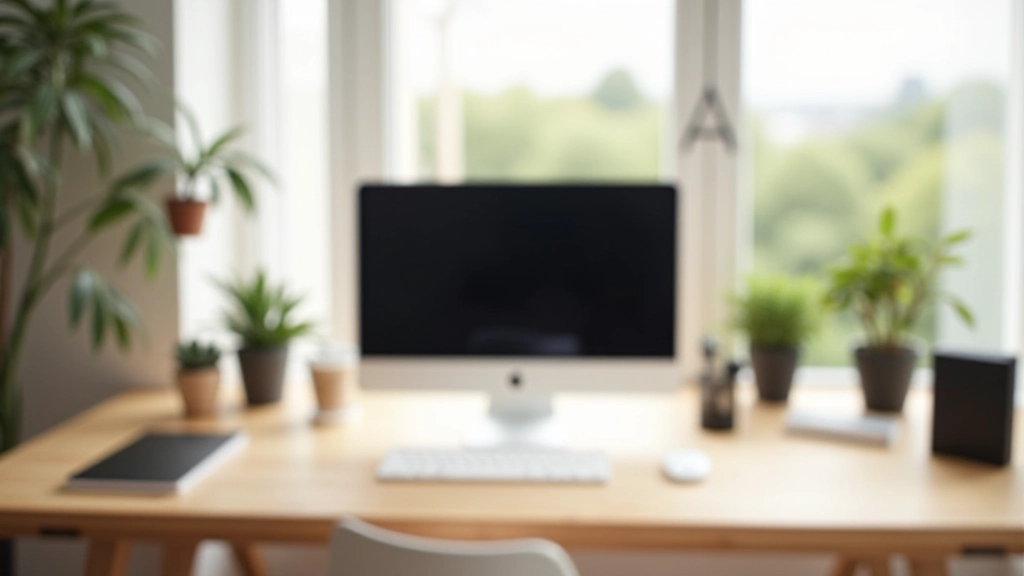 Produktiver Arbeitsplatz mit klarer Organisation, einem Monitor und minimalistischer Einrichtung