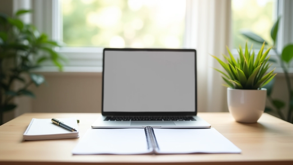 Minimalistischer Arbeitsplatz mit Laptop, Notizbuch und Pflanze, die ein gut organisiertes persönliches System darstellt