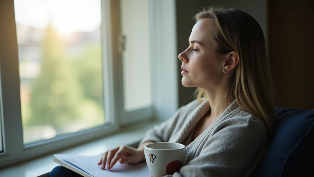 Ruhige Pause während eines Arbeitstages — Person schaut aus dem Fenster und entspannt sich bewusst