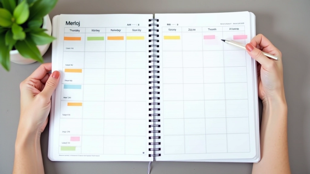 Aufgeplaner mit Zeitblöcken, farblich gekennzeichnet nach Aufgabentypen und Energielevel