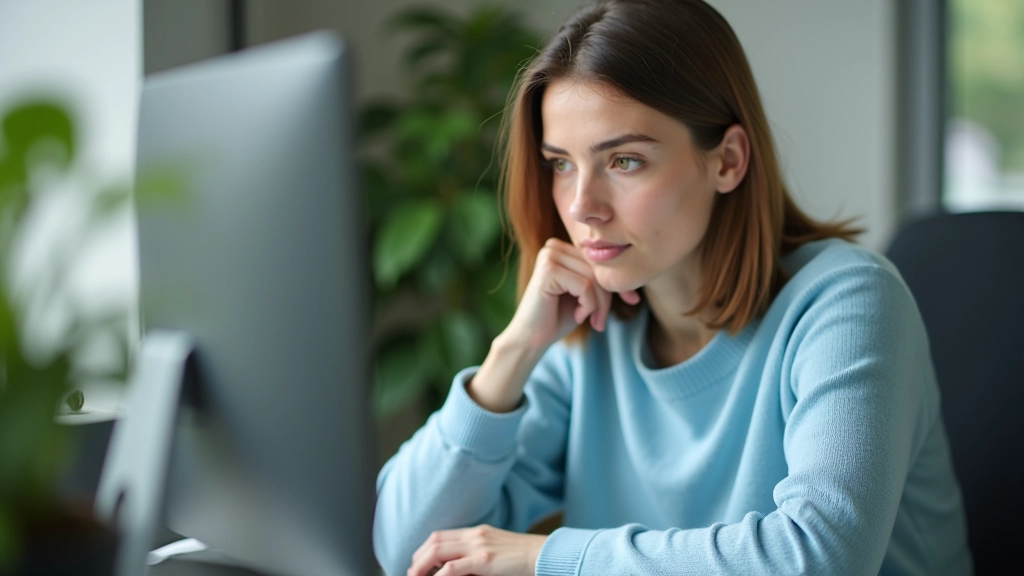 Frau sitzt konzentriert am Schreibtisch und arbeitet an einer Aufgabe, ohne Ablenkung