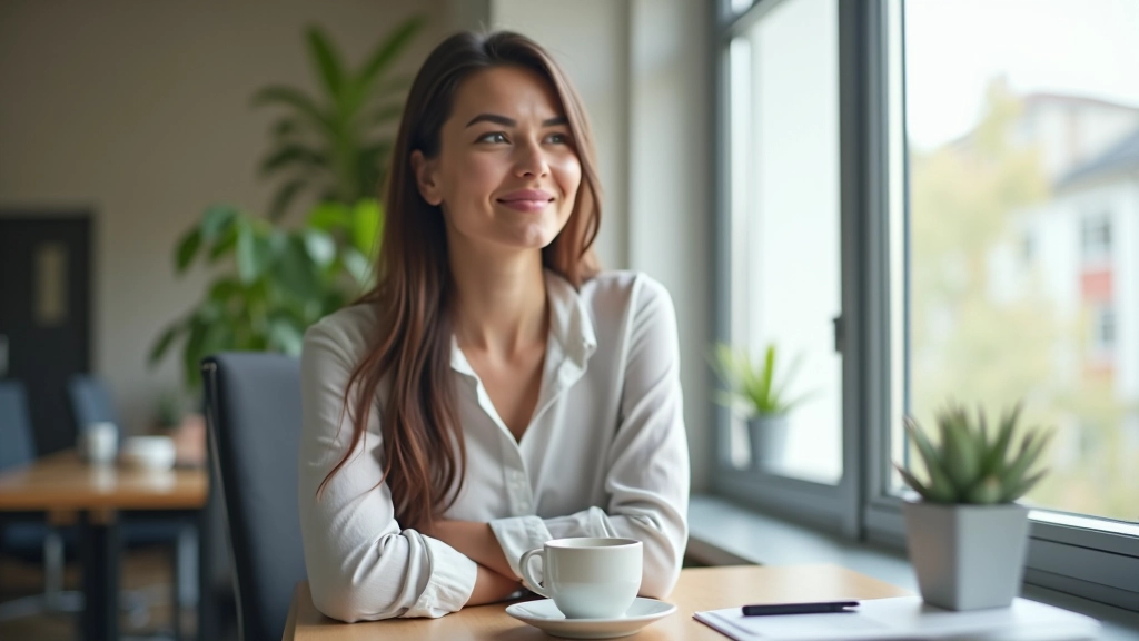 Person nimmt eine bewusste Pause vom Schreibtisch, sitzt mit Kaffee am Fenster