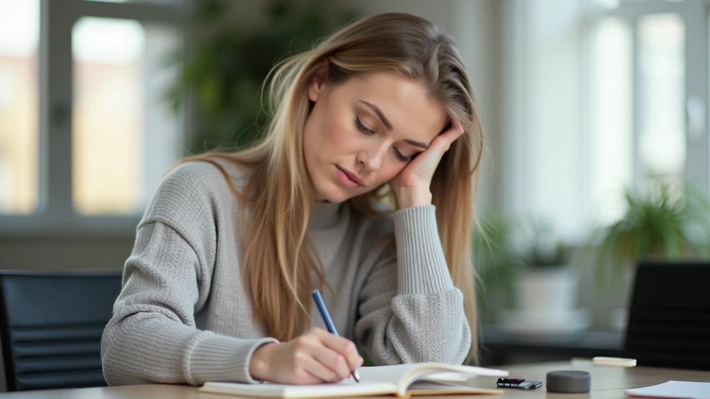 Frau sitzt konzentriert am Schreibtisch mit Notizbuch, helles Tageslicht von links, modernes Büro